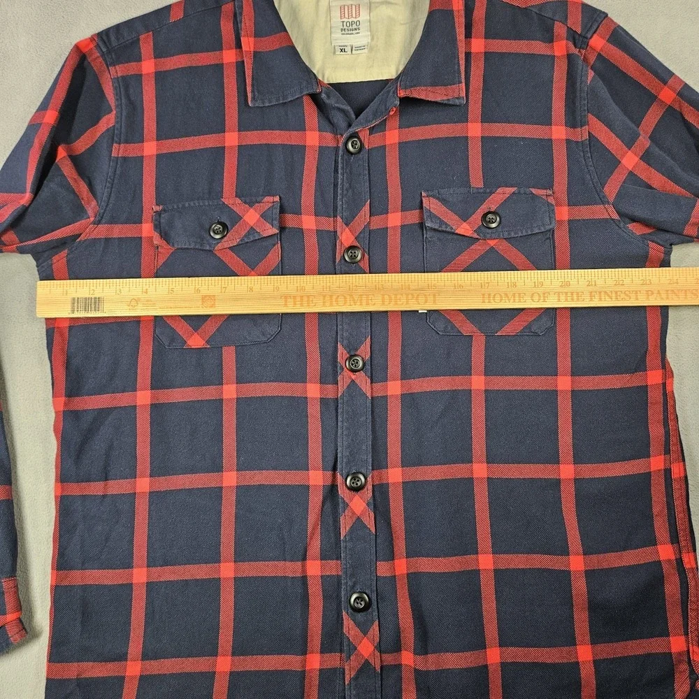 Topo Designs Flannel Shirt Men's XL Plaid Field Button Up Long Sleeve Blue Red